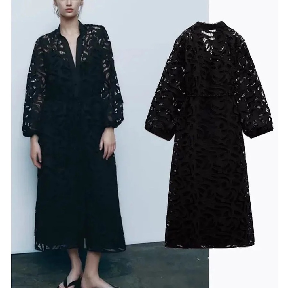 Zara Cotton Embroidery Hollow Out Women's Midi Black Dress | M